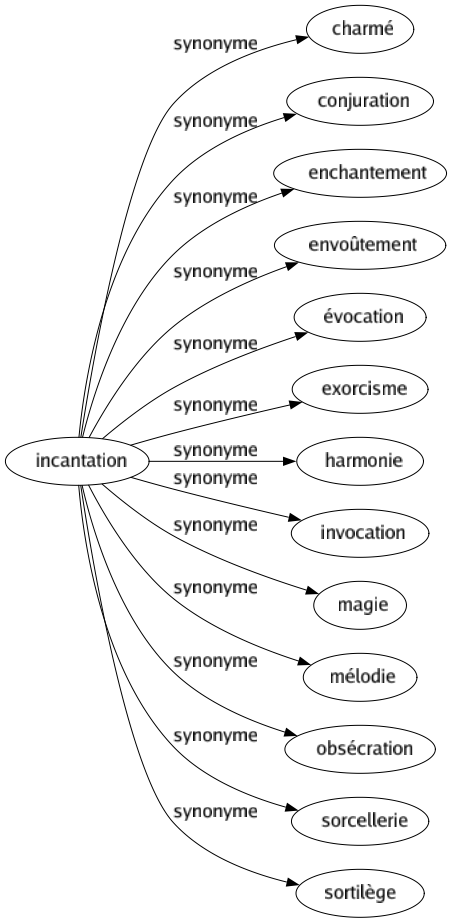 Synonyme de Incantation : Charmé Conjuration Enchantement Envoûtement Évocation Exorcisme Harmonie Invocation Magie Mélodie Obsécration Sorcellerie Sortilège 