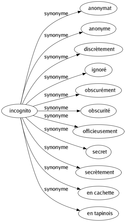 Synonyme de Incognito : Anonymat Anonyme Discrètement Ignoré Obscurément Obscurité Officieusement Secret Secrètement En cachette En tapinois 