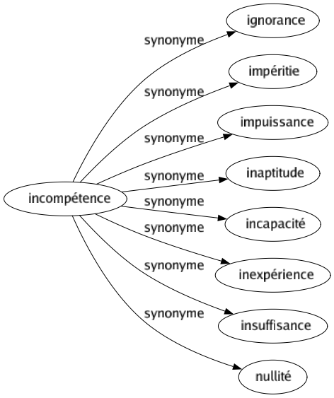 Synonyme de Incompétence : Ignorance Impéritie Impuissance Inaptitude Incapacité Inexpérience Insuffisance Nullité 