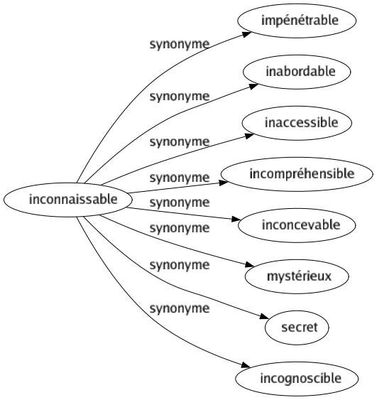 Synonyme de Inconnaissable : Impénétrable Inabordable Inaccessible Incompréhensible Inconcevable Mystérieux Secret Incognoscible 
