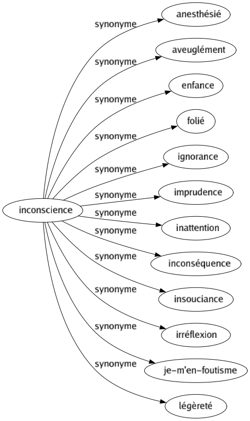 Synonyme de Inconscience : Anesthésié Aveuglément Enfance Folié Ignorance Imprudence Inattention Inconséquence Insouciance Irréflexion Je-m'en-foutisme Légèreté 
