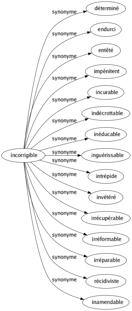 Synonyme de Incorrigible : Déterminé Endurci Entêté Impénitent Incurable Indécrottable Inéducable Inguérissable Intrépide Invétéré Irrécupérable Irréformable Irréparable Récidiviste Inamendable 