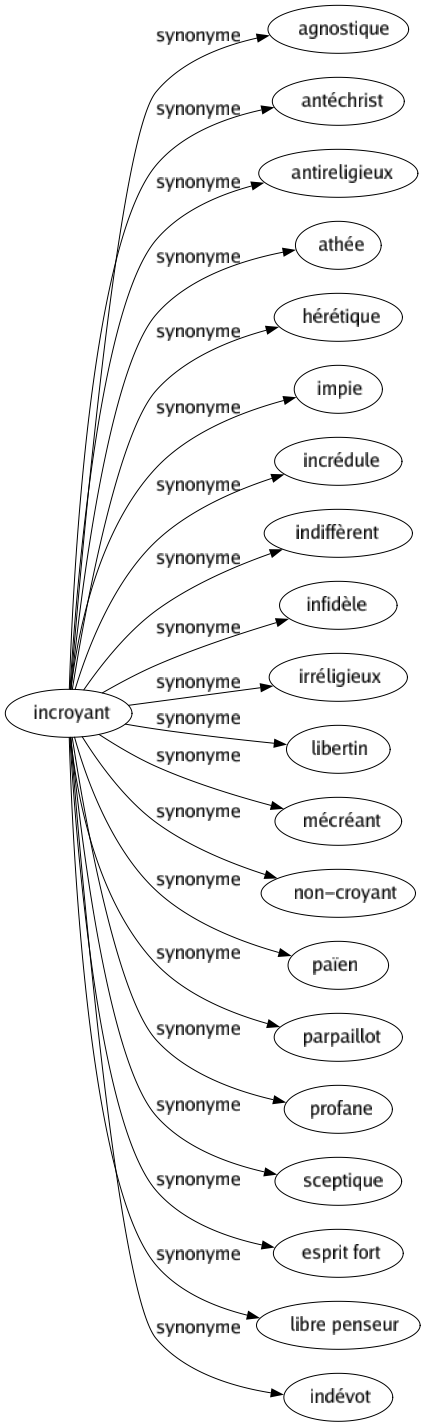 Synonyme de Incroyant : Agnostique Antéchrist Antireligieux Athée Hérétique Impie Incrédule Indiffèrent Infidèle Irréligieux Libertin Mécréant Non-croyant Païen Parpaillot Profane Sceptique Esprit fort Libre penseur Indévot 