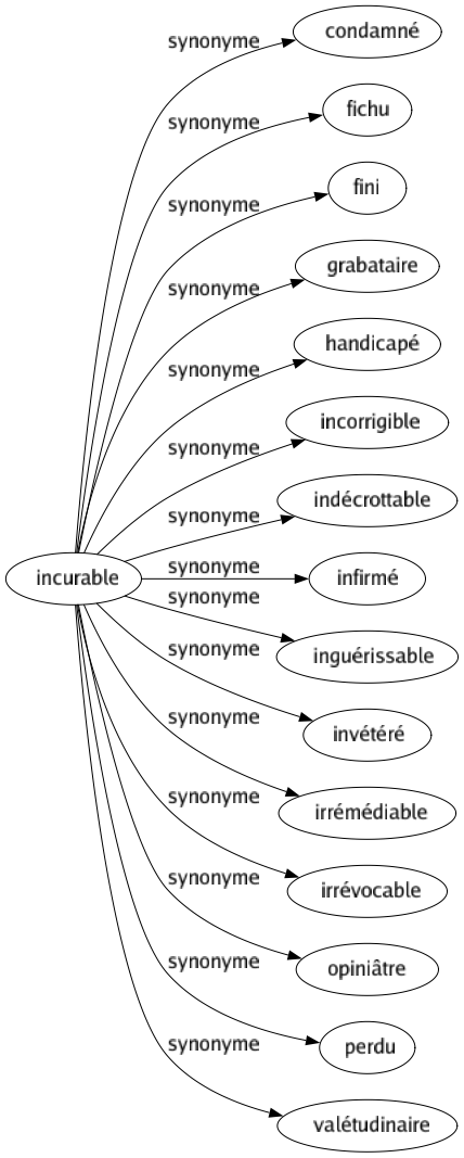Synonyme de Incurable : Condamné Fichu Fini Grabataire Handicapé Incorrigible Indécrottable Infirmé Inguérissable Invétéré Irrémédiable Irrévocable Opiniâtre Perdu Valétudinaire 