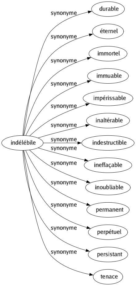 Synonyme de Indélébile : Durable Éternel Immortel Immuable Impérissable Inaltérable Indestructible Ineffaçable Inoubliable Permanent Perpétuel Persistant Tenace 