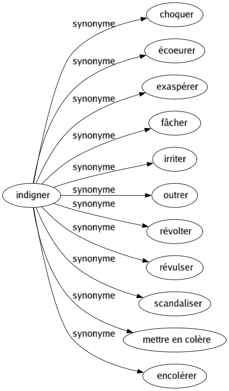 Synonyme de Indigner : Choquer Écoeurer Exaspérer Fâcher Irriter Outrer Révolter Révulser Scandaliser Mettre en colère Encolérer 