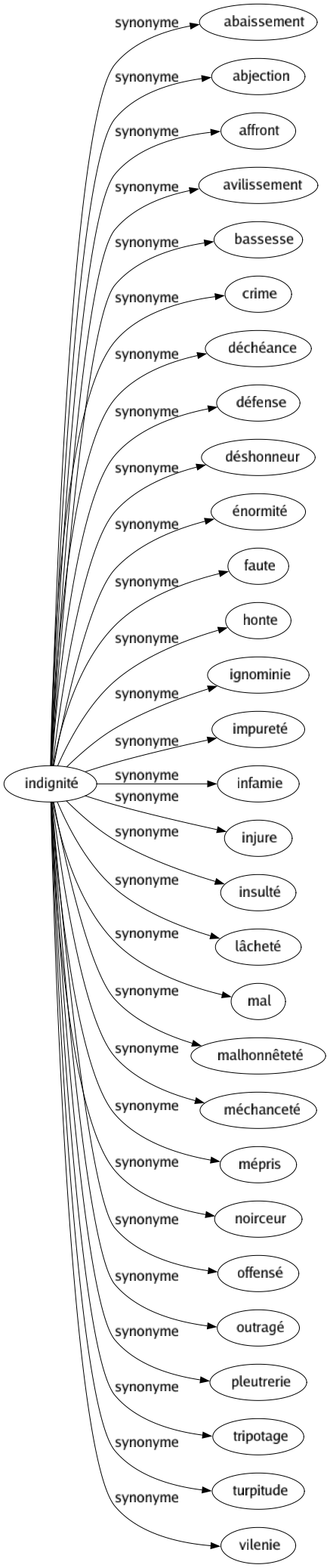 Synonyme de Indignité : Abaissement Abjection Affront Avilissement Bassesse Crime Déchéance Défense Déshonneur Énormité Faute Honte Ignominie Impureté Infamie Injure Insulté Lâcheté Mal Malhonnêteté Méchanceté Mépris Noirceur Offensé Outragé Pleutrerie Tripotage Turpitude Vilenie 