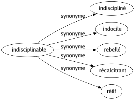 Synonyme de Indisciplinable : Indiscipliné Indocile Rebellé Récalcitrant Rétif 