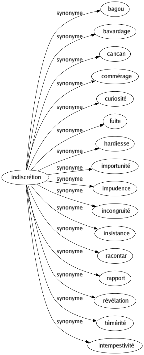 Synonyme de Indiscrétion : Bagou Bavardage Cancan Commérage Curiosité Fuite Hardiesse Importunité Impudence Incongruité Insistance Racontar Rapport Révélation Témérité Intempestivité 