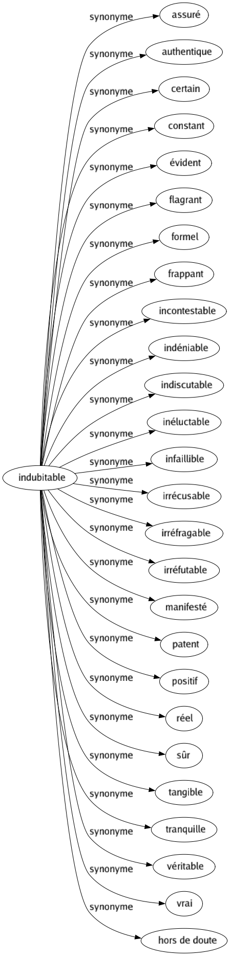 Synonyme de Indubitable : Assuré Authentique Certain Constant Évident Flagrant Formel Frappant Incontestable Indéniable Indiscutable Inéluctable Infaillible Irrécusable Irréfragable Irréfutable Manifesté Patent Positif Réel Sûr Tangible Tranquille Véritable Vrai Hors de doute 