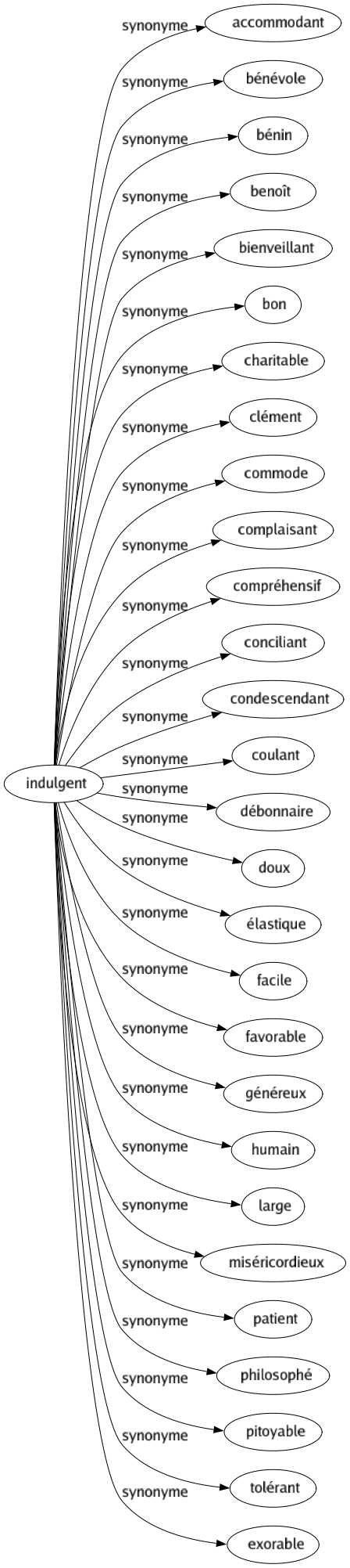 Synonyme de Indulgent : Accommodant Bénévole Bénin Benoît Bienveillant Bon Charitable Clément Commode Complaisant Compréhensif Conciliant Condescendant Coulant Débonnaire Doux Élastique Facile Favorable Généreux Humain Large Miséricordieux Patient Philosophé Pitoyable Tolérant Exorable 