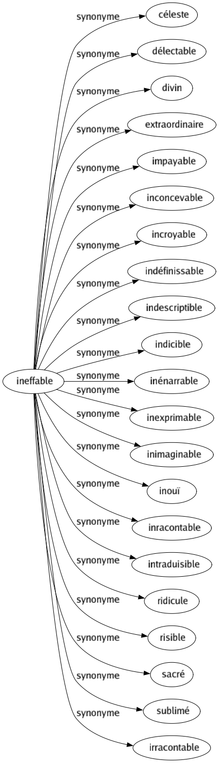 Synonyme de Ineffable : Céleste Délectable Divin Extraordinaire Impayable Inconcevable Incroyable Indéfinissable Indescriptible Indicible Inénarrable Inexprimable Inimaginable Inouï Inracontable Intraduisible Ridicule Risible Sacré Sublimé Irracontable 