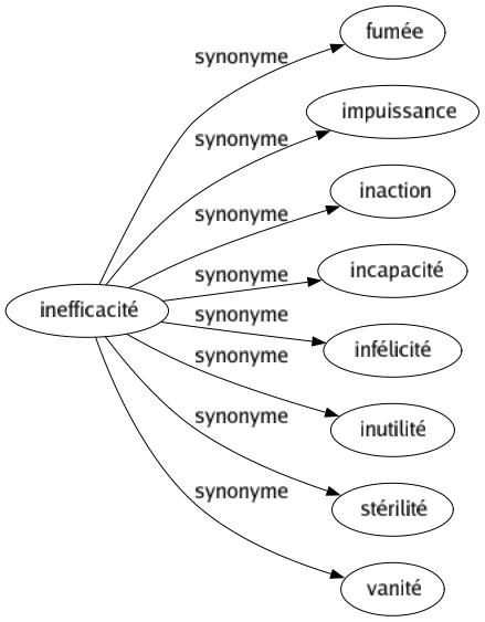 Synonyme de Inefficacité : Fumée Impuissance Inaction Incapacité Infélicité Inutilité Stérilité Vanité 