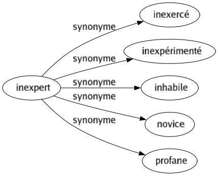 Synonyme de Inexpert : Inexercé Inexpérimenté Inhabile Novice Profane 