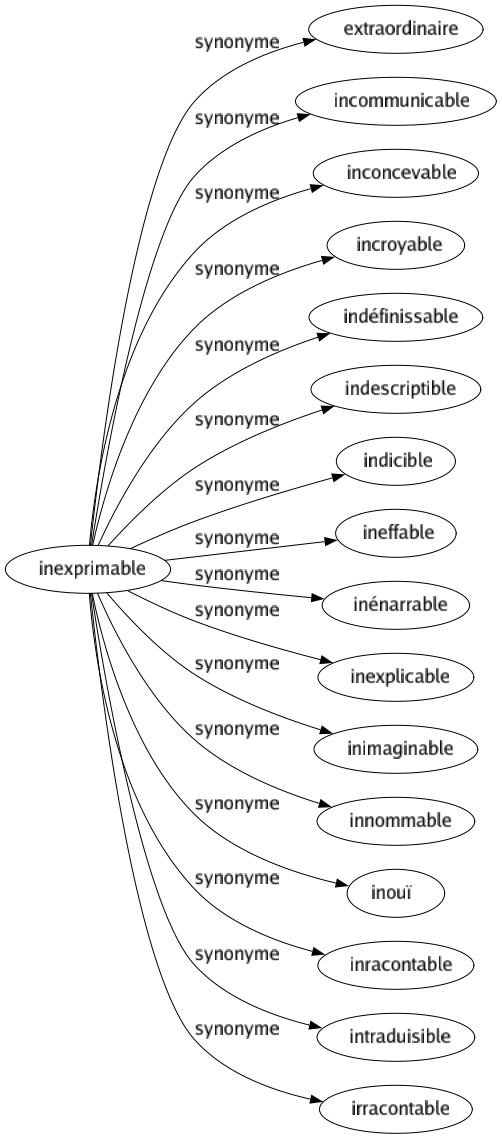 Synonyme de Inexprimable : Extraordinaire Incommunicable Inconcevable Incroyable Indéfinissable Indescriptible Indicible Ineffable Inénarrable Inexplicable Inimaginable Innommable Inouï Inracontable Intraduisible Irracontable 