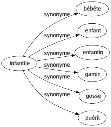 Synonyme de Infantile : Bébête Enfant Enfantin Gamin Gosse Puéril 