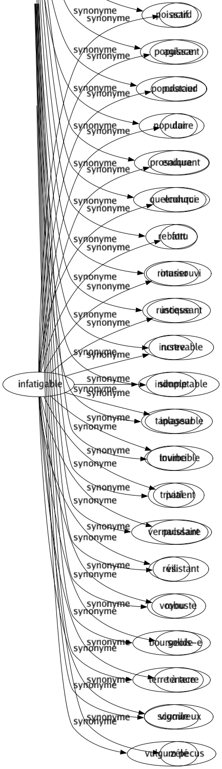 Synonyme de Infatigable : Actif Agissant Costaud Dur Endurant Endurci Fort Inassouvi Incessant Increvable Indomptable Inlassable Invincible Patient Puissant Résistant Robuste Solide Tenace Vigoureux Zélé 