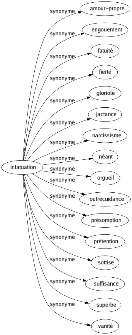 Synonyme de Infatuation : Amour-propre Engouement Fatuité Fierté Gloriole Jactance Narcissisme Néant Orgueil Outrecuidance Présomption Prétention Sottise Suffisance Superbe Vanité 