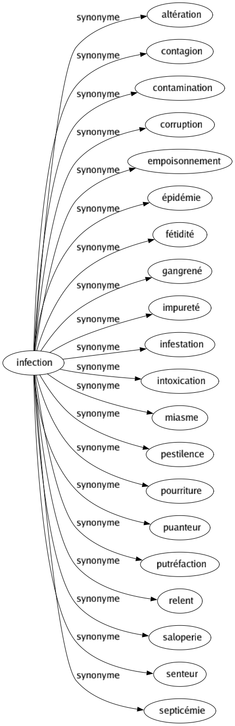 Synonyme de Infection : Altération Contagion Contamination Corruption Empoisonnement Épidémie Fétidité Gangrené Impureté Infestation Intoxication Miasme Pestilence Pourriture Puanteur Putréfaction Relent Saloperie Senteur Septicémie 