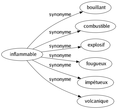 Synonyme de Inflammable : Bouillant Combustible Explosif Fougueux Impétueux Volcanique 