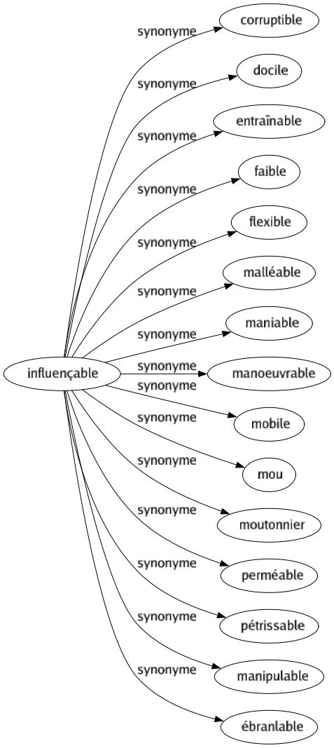 Synonyme de Influençable : Corruptible Docile Entraînable Faible Flexible Malléable Maniable Manoeuvrable Mobile Mou Moutonnier Perméable Pétrissable Manipulable Ébranlable 