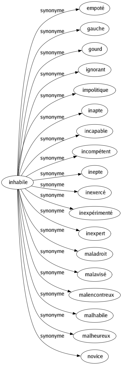 Synonyme de Inhabile : Empoté Gauche Gourd Ignorant Impolitique Inapte Incapable Incompétent Inepte Inexercé Inexpérimenté Inexpert Maladroit Malavisé Malencontreux Malhabile Malheureux Novice 