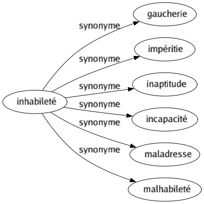 Synonyme de Inhabileté : Gaucherie Impéritie Inaptitude Incapacité Maladresse Malhabileté 