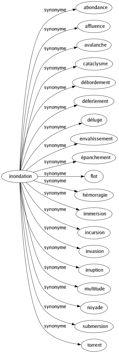 Synonyme de Inondation : Abondance Affluence Avalanche Cataclysme Débordement Déferlement Déluge Envahissement Épanchement Flot Hémorragie Immersion Incursion Invasion Irruption Multitude Noyade Submersion Torrent 