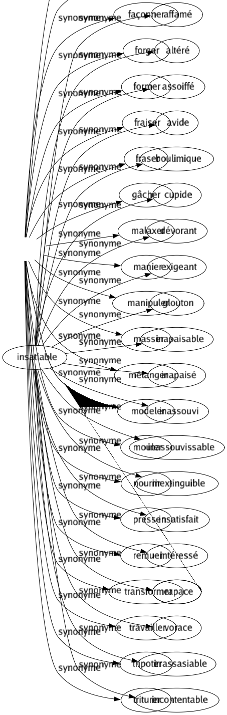 Synonyme de Insatiable : Affamé Altéré Assoiffé Avide Boulimique Cupide Dévorant Exigeant Glouton Inapaisable Inapaisé Inassouvi Inassouvissable Inextinguible Insatisfait Intéressé Rapace Vorace Irrassasiable Incontentable 