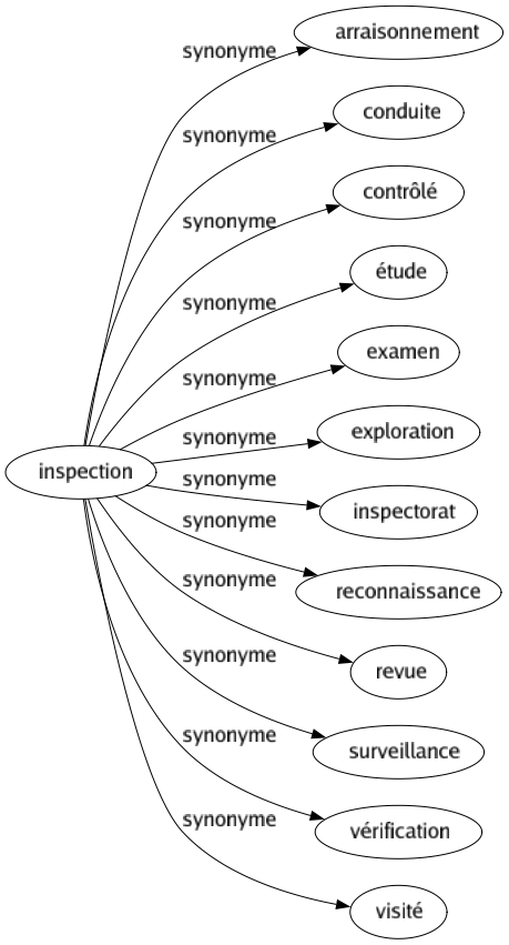 Synonyme de Inspection : Arraisonnement Conduite Contrôlé Étude Examen Exploration Inspectorat Reconnaissance Revue Surveillance Vérification Visité 