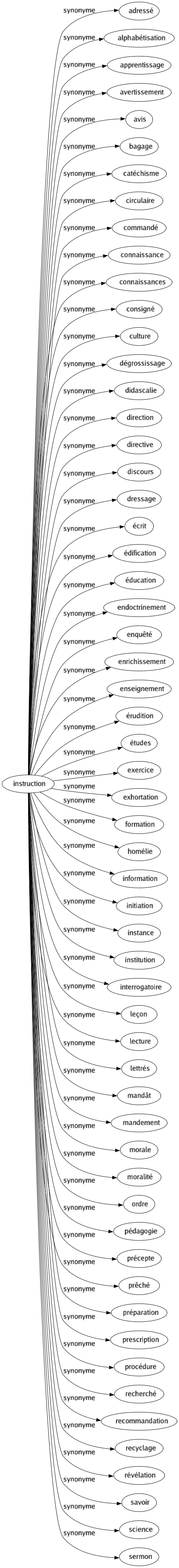 Synonyme de Instruction : Adressé Alphabétisation Apprentissage Avertissement Avis Bagage Catéchisme Circulaire Commandé Connaissance Connaissances Consigné Culture Dégrossissage Didascalie Direction Directive Discours Dressage Écrit Édification Éducation Endoctrinement Enquêté Enrichissement Enseignement Érudition Études Exercice Exhortation Formation Homélie Information Initiation Instance Institution Interrogatoire Leçon Lecture Lettrés Mandât Mandement Morale Moralité Ordre Pédagogie Précepte Prêché Préparation Prescription Procédure Recherché Recommandation Recyclage Révélation Savoir Science Sermon 