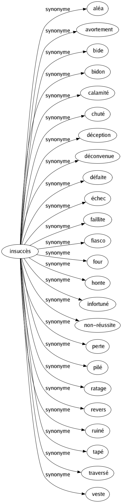 Synonyme de Insuccès : Aléa Avortement Bide Bidon Calamité Chuté Déception Déconvenue Défaite Échec Faillite Fiasco Four Honte Infortuné Non-réussite Perte Pilé Ratage Revers Ruiné Tapé Traversé Veste 