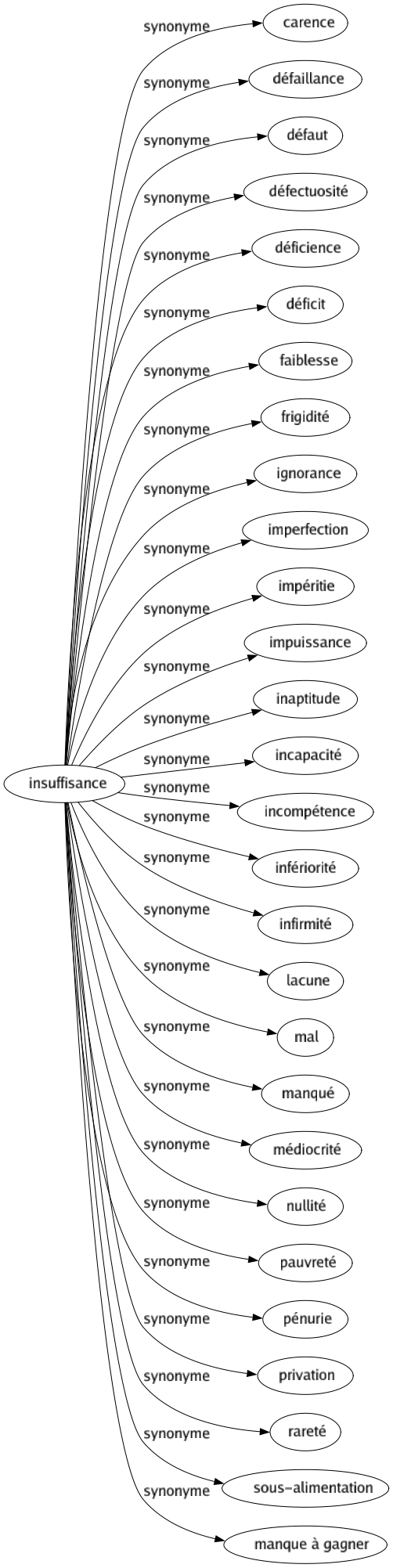 Synonyme de Insuffisance : Carence Défaillance Défaut Défectuosité Déficience Déficit Faiblesse Frigidité Ignorance Imperfection Impéritie Impuissance Inaptitude Incapacité Incompétence Infériorité Infirmité Lacune Mal Manqué Médiocrité Nullité Pauvreté Pénurie Privation Rareté Sous-alimentation Manque à gagner 