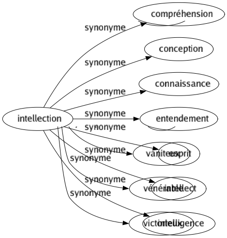 Synonyme de Intellection : Compréhension Conception Connaissance Entendement Esprit Intellect Intelligence 