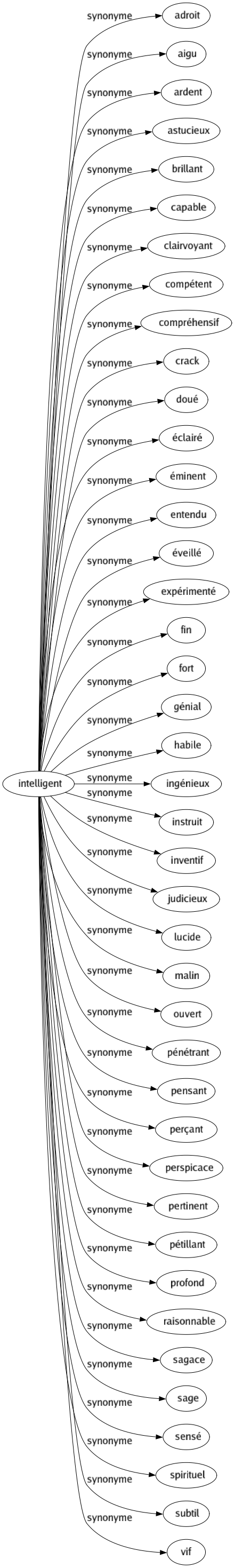 Synonyme de Intelligent : Adroit Aigu Ardent Astucieux Brillant Capable Clairvoyant Compétent Compréhensif Crack Doué Éclairé Éminent Entendu Éveillé Expérimenté Fin Fort Génial Habile Ingénieux Instruit Inventif Judicieux Lucide Malin Ouvert Pénétrant Pensant Perçant Perspicace Pertinent Pétillant Profond Raisonnable Sagace Sage Sensé Spirituel Subtil Vif 