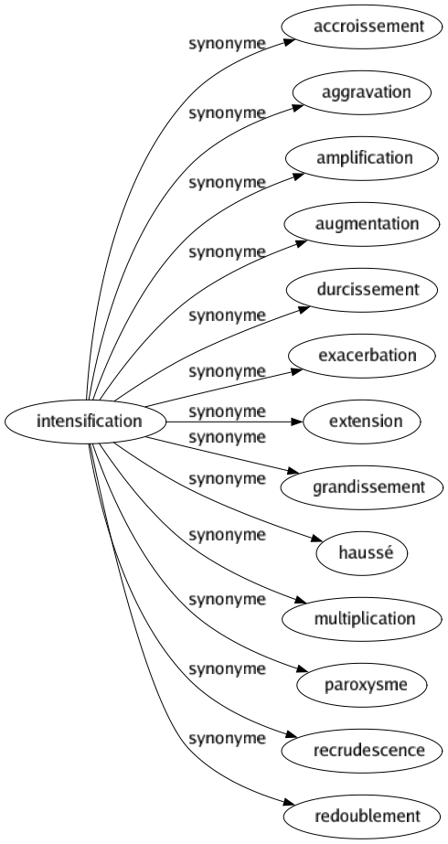 Synonyme de Intensification : Accroissement Aggravation Amplification Augmentation Durcissement Exacerbation Extension Grandissement Haussé Multiplication Paroxysme Recrudescence Redoublement 