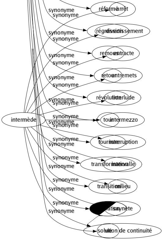Synonyme de Intermède : Arrêt Divertissement Entracte Entremets Interlude Intermezzo Interruption Intervalle Milieu Saynète Solution de continuité 