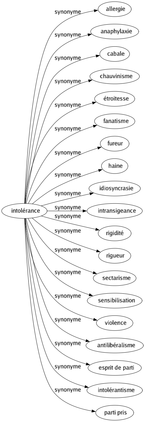 Synonyme de Intolérance : Allergie Anaphylaxie Cabale Chauvinisme Étroitesse Fanatisme Fureur Haine Idiosyncrasie Intransigeance Rigidité Rigueur Sectarisme Sensibilisation Violence Antilibéralisme Esprit de parti Intolérantisme Parti pris 