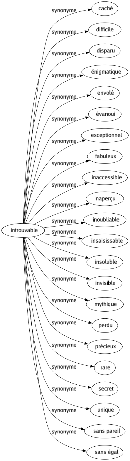 Synonyme de Introuvable : Caché Difficile Disparu Énigmatique Envolé Évanoui Exceptionnel Fabuleux Inaccessible Inaperçu Inoubliable Insaisissable Insoluble Invisible Mythique Perdu Précieux Rare Secret Unique Sans pareil Sans égal 