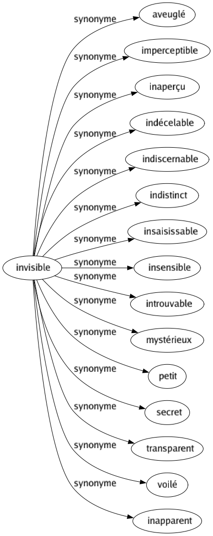 Synonyme de Invisible : Aveuglé Imperceptible Inaperçu Indécelable Indiscernable Indistinct Insaisissable Insensible Introuvable Mystérieux Petit Secret Transparent Voilé Inapparent 
