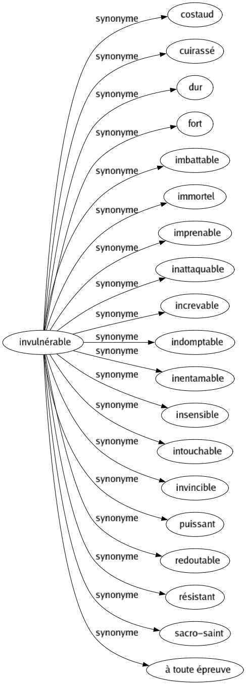 Synonyme de Invulnérable : Costaud Cuirassé Dur Fort Imbattable Immortel Imprenable Inattaquable Increvable Indomptable Inentamable Insensible Intouchable Invincible Puissant Redoutable Résistant Sacro-saint À toute épreuve 