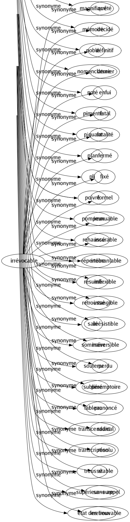 Synonyme de Irrévocable : Arrêté Décidé Définitif Dernier Enfui Fatal Fatalité Fermé Fixé Formel Immuable Incurable Inébranlable Inflexible Intangible Irrésistible Irréversible Perdu Péremptoire Prononcé Radical Résolu Stable Sans appel Irretrouvable 