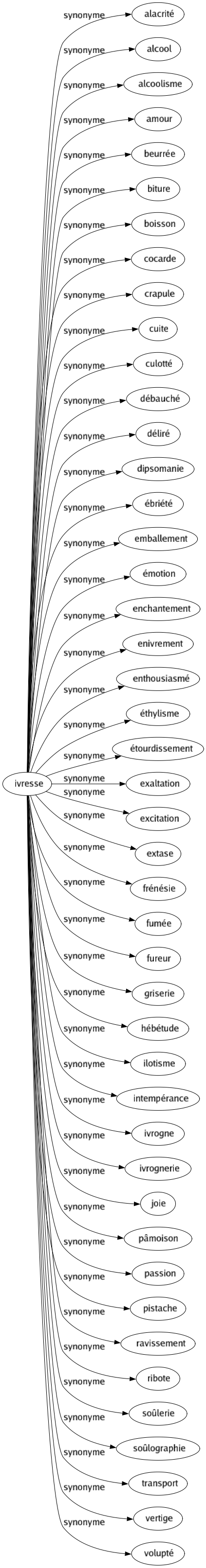 Synonyme de Ivresse : Alacrité Alcool Alcoolisme Amour Beurrée Biture Boisson Cocarde Crapule Cuite Culotté Débauché Déliré Dipsomanie Ébriété Emballement Émotion Enchantement Enivrement Enthousiasmé Éthylisme Étourdissement Exaltation Excitation Extase Frénésie Fumée Fureur Griserie Hébétude Ilotisme Intempérance Ivrogne Ivrognerie Joie Pâmoison Passion Pistache Ravissement Ribote Soûlerie Soûlographie Transport Vertige Volupté 