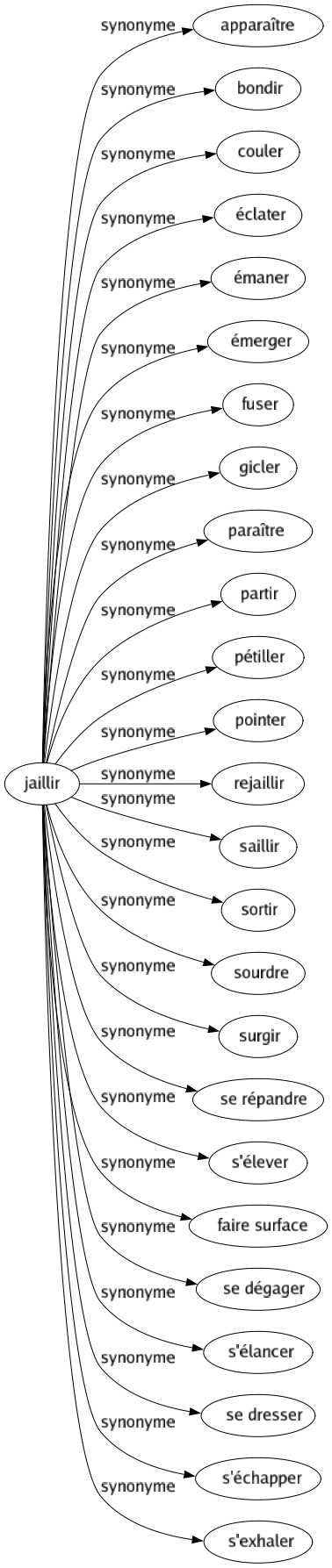 Synonyme de Jaillir : Apparaître Bondir Couler Éclater Émaner Émerger Fuser Gicler Paraître Partir Pétiller Pointer Rejaillir Saillir Sortir Sourdre Surgir Se répandre S'élever Faire surface Se dégager S'élancer Se dresser S'échapper S'exhaler 