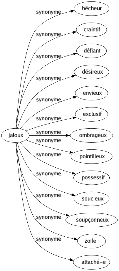 Synonyme de Jaloux : Bêcheur Craintif Défiant Désireux Envieux Exclusif Ombrageux Pointilleux Possessif Soucieux Soupçonneux Zoïle Attaché-e 