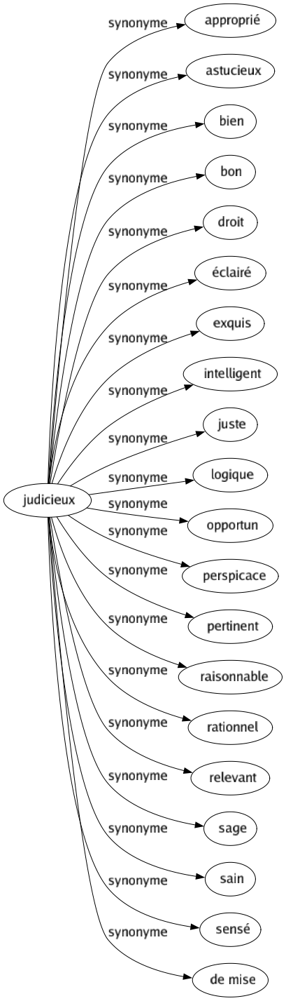 Synonyme de Judicieux : Approprié Astucieux Bien Bon Droit Éclairé Exquis Intelligent Juste Logique Opportun Perspicace Pertinent Raisonnable Rationnel Relevant Sage Sain Sensé De mise 