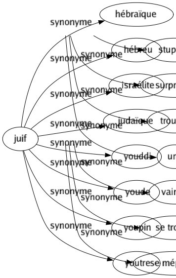 Synonyme de Juif : Hébraïque Hébreu Israélite Judaïque Youddi Youde Youpin Youtre 