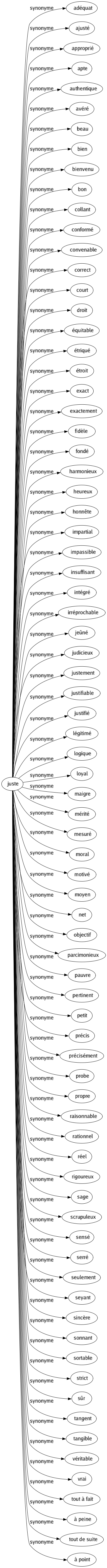Synonyme de Juste : Adéquat Ajusté Approprié Apte Authentique Avéré Beau Bien Bienvenu Bon Collant Conformé Convenable Correct Court Droit Équitable Étriqué Étroit Exact Exactement Fidèle Fondé Harmonieux Heureux Honnête Impartial Impassible Insuffisant Intégré Irréprochable Jeûné Judicieux Justement Justifiable Justifié Légitimé Logique Loyal Maigre Mérité Mesuré Moral Motivé Moyen Net Objectif Parcimonieux Pauvre Pertinent Petit Précis Précisément Probe Propre Raisonnable Rationnel Réel Rigoureux Sage Scrupuleux Sensé Serré Seulement Seyant Sincère Sonnant Sortable Strict Sûr Tangent Tangible Véritable Vrai Tout à fait À peine Tout de suite À point 
