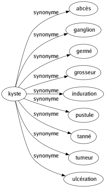 Synonyme de Kyste : Abcès Ganglion Germé Grosseur Induration Pustule Tanné Tumeur Ulcération 