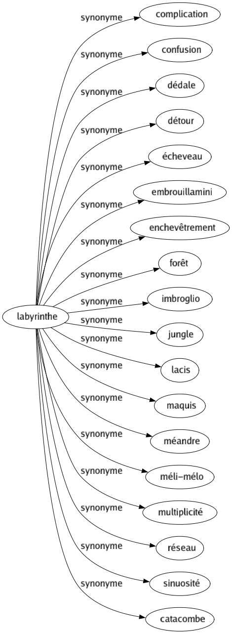 Synonyme de Labyrinthe : Complication Confusion Dédale Détour Écheveau Embrouillamini Enchevêtrement Forêt Imbroglio Jungle Lacis Maquis Méandre Méli-mélo Multiplicité Réseau Sinuosité Catacombe 
